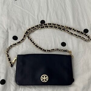 Tory Burch Navy Leather Crossbody Bag with Gold Chain
